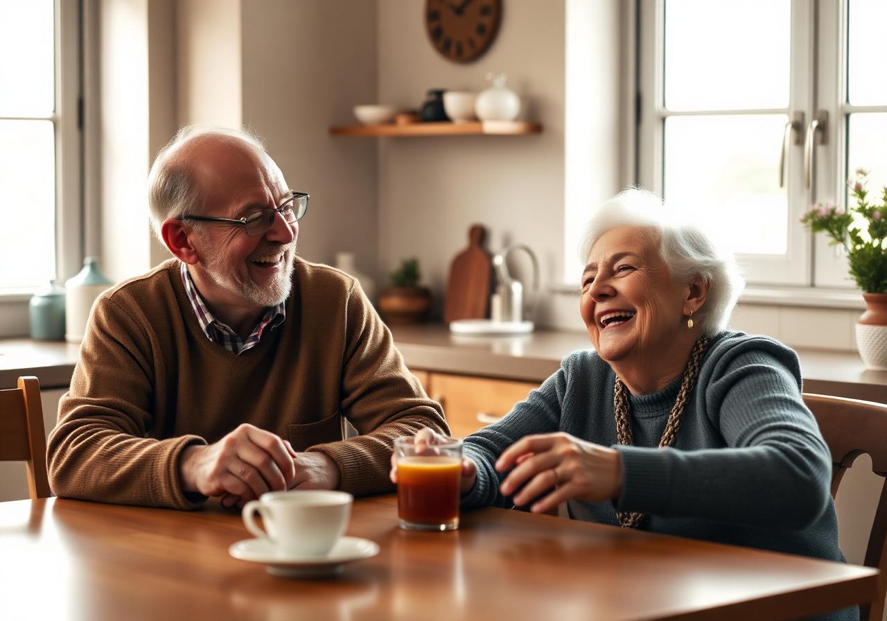 Elderly couple laughing together at their kitchen table